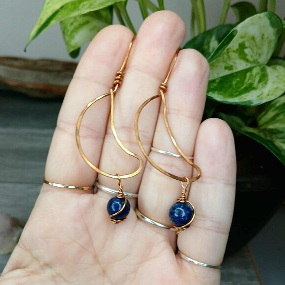 BOGO EARRINGS Lapis lazuli crescent moon dangle earrings, 2.5" - Picture 2 of 5